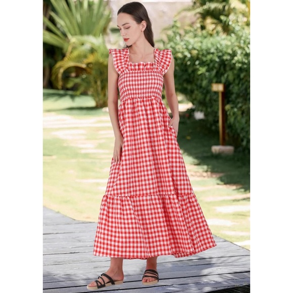 Gingham Print Plaid Smocked Spaghetti Straps Flouncy Long Dress in Red - Picture 2 of 6